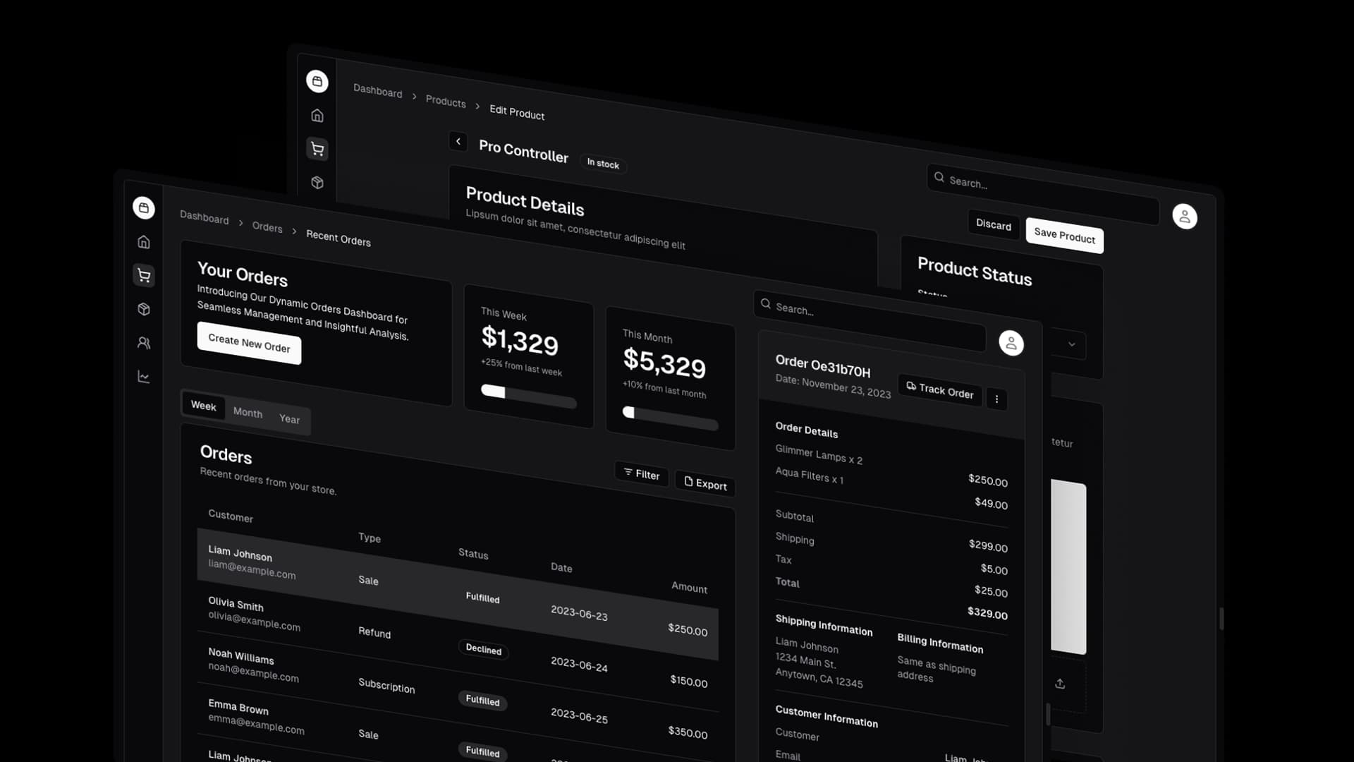 Shadcn Dashboard CRM & CMS example image on dark mode