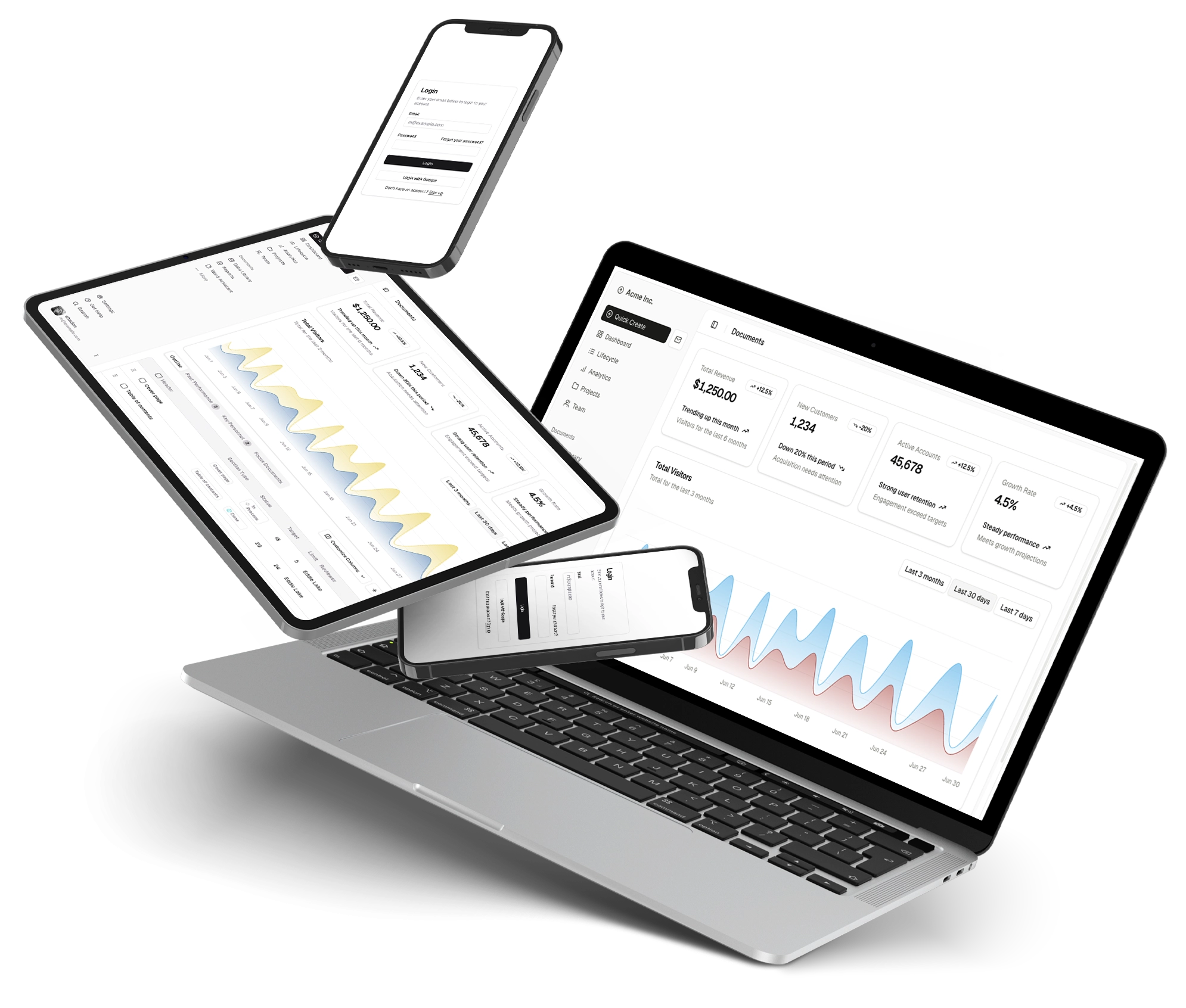A laptop, a phone and a tablet hovering on top of each other